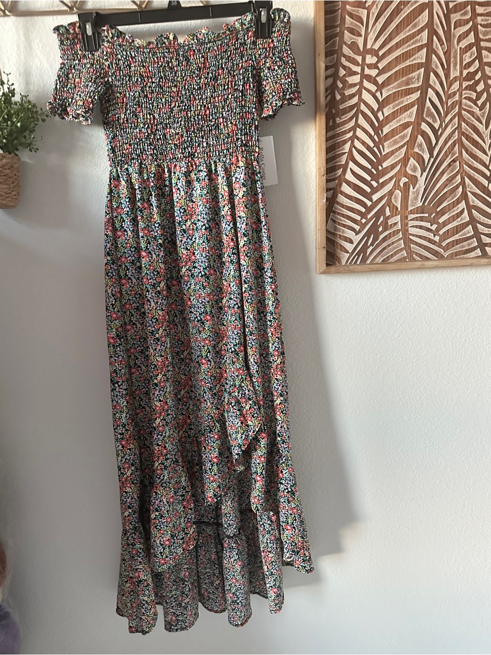 Boutique Smocked Floral Maxi Dress in Black and Pink